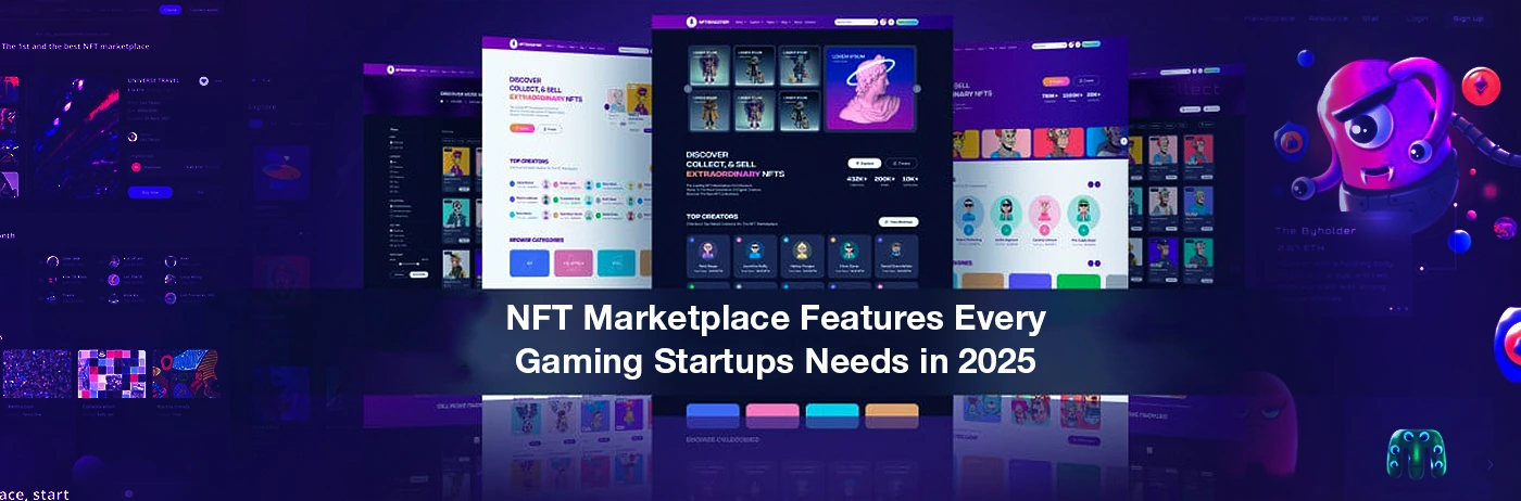 UI showcase of gaming NFT marketplace platforms highlighting key features for startups in 2025 – vibrant dashboards, collectibles, and Web3 integration