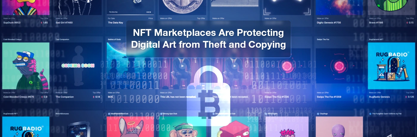 Visual representation of an NFT marketplace interface with various digital artworks, overlaid with binary code and a blockchain padlock icon, symbolizing how NFT marketplaces protect digital art from theft and copying.