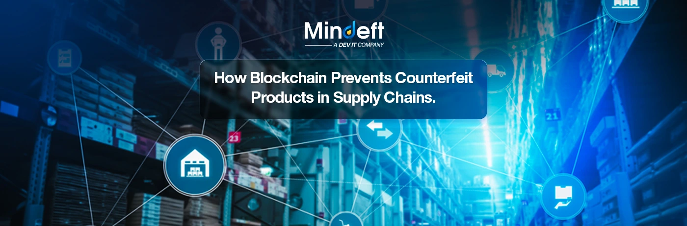 Visual representation of blockchain technology securing a global supply chain network with connected logistics and warehouse icons illustrating how blockchain prevents counterfeit products.